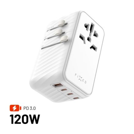 FIXED Voyager utazó adapter 3xUSB-C/1xUSB GaN 120W, fehér