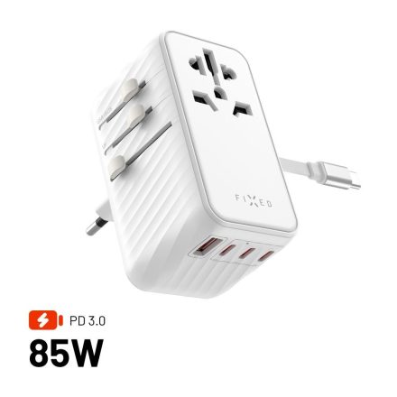 FIXED Voyager utazó adapter 4xUSB-C/1xUSB GaN 85W, fehér