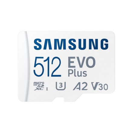 SAMSUNG Memóriakártya, EVO Plus microSDXC kártya, 512GB, UHS-1, U3, V30, A2, + SD Adapter, R160/W