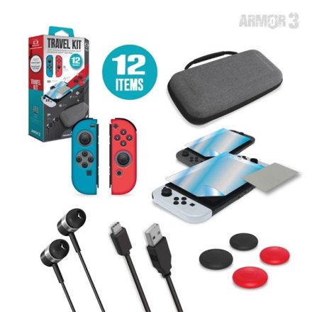 ARMOR3 Nintendo Switch/OLED Travel csomag (Üvegfólia + Thumb Grips + Füllhallgató + Tok + Töltő kábel)