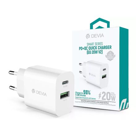 DEVIA ST38524 HÁLÓZATI TÖLTŐ ADAPTER TYPE-C + USB BEMENETTEL - 20W - SMART SERIES PD3.0 + QC3.0 QUICK CHARGER V2 - FEHÉR