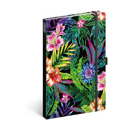 Keménytáblás notesz vonalas krémszínű lapokkal leszorító gumiszalaggal Tropical  130x210mm, Presco