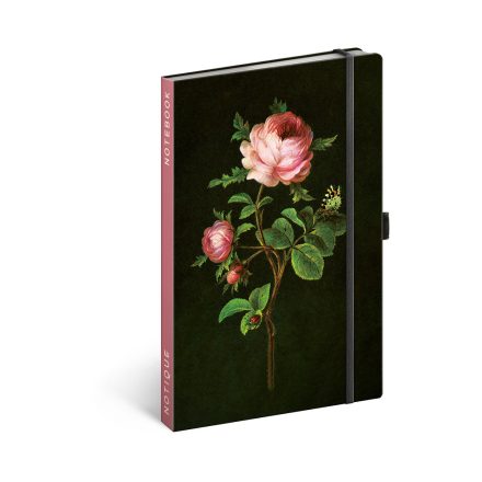 Keménytáblás notesz pontozott vonalozással krémszínű lapokkal leszorító gumiszalaggal Roses 130x210mm, Presco