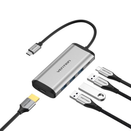 Vention USB-C -> HDMI/3*USB3.0/PD, 0,15m, konverter