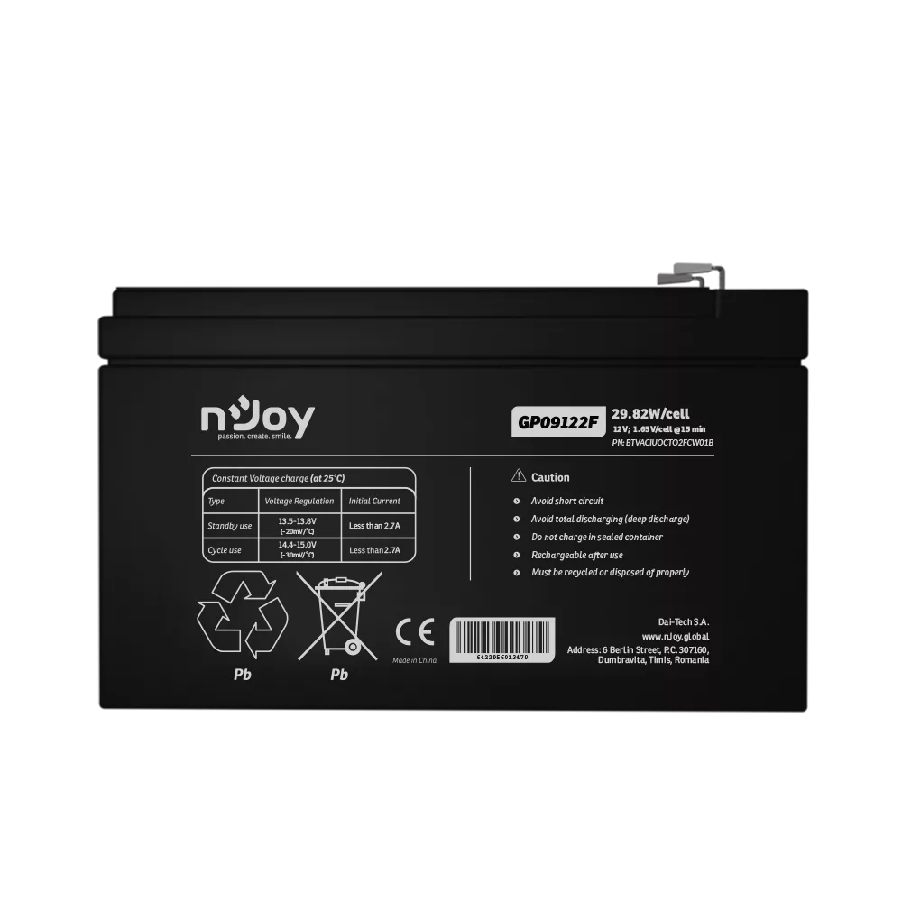 NJOY GP09122F 12 V 9 Ah zárt ólomakkumulátor (UPS akku), F2/T2