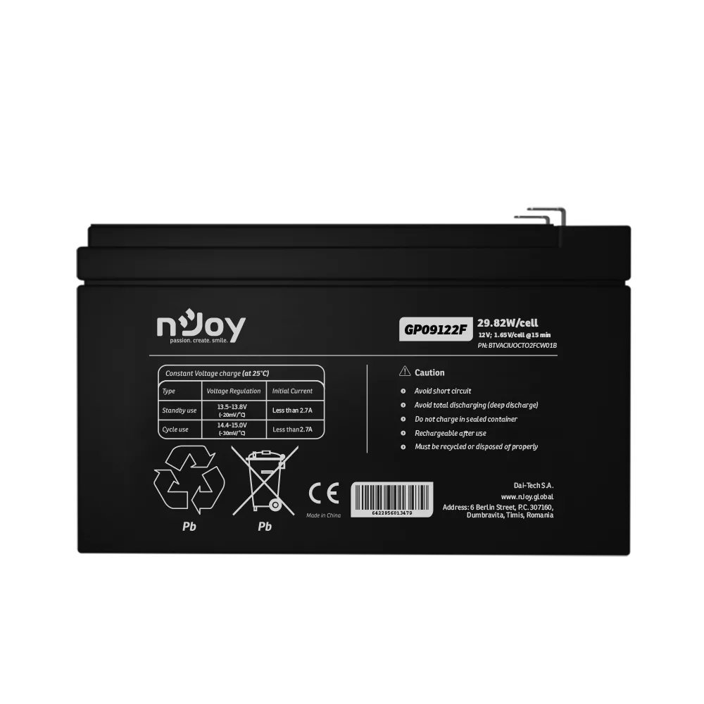 NJOY GP09122F 12 V 9 Ah zárt ólomakkumulátor (UPS akku), F2/T2