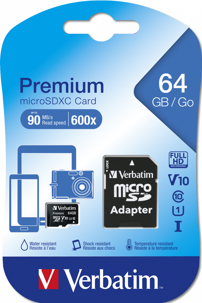 Verbatim Premium 64 GB microSDXC kártya, U1, adapterrel