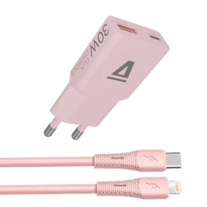 AVAX CH6418 30W GaN töltő és USB-C–Lightning szilikon kábel, rózsaszín