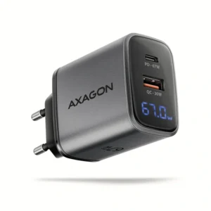 Axagon ACU-PQ67D PD3.0 & QC4+ 2× OUTPUTS, LCD kijelzővel és két kimenettel (USB-A + USB-C) 67W GaN hálózati töltő