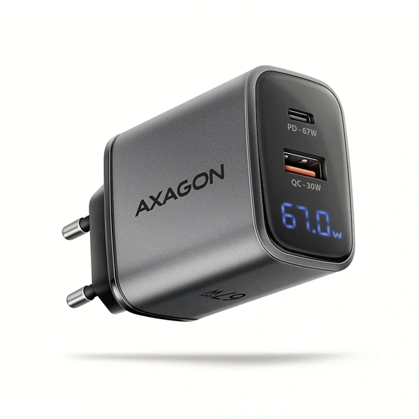 Axagon ACU-PQ67D PD3.0 & QC4+ 2× OUTPUTS, LCD kijelzővel és két kimenettel (USB-A + USB-C) 67W GaN hálózati töltő