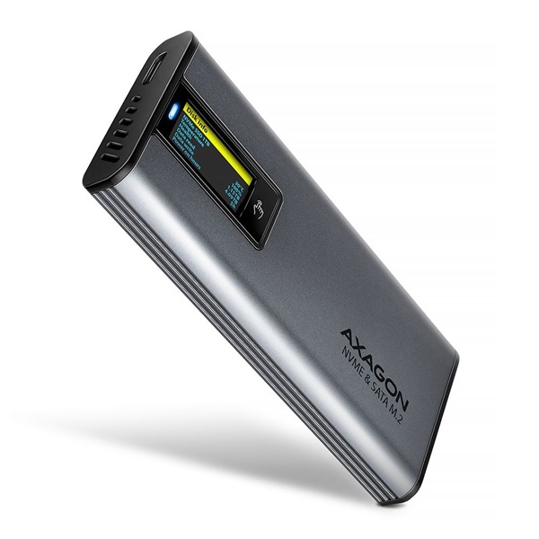 Axagon EEM2-SD2 DISPLAY USB-C 10Gbps M.2 NVMe & SATA SSD külső ház