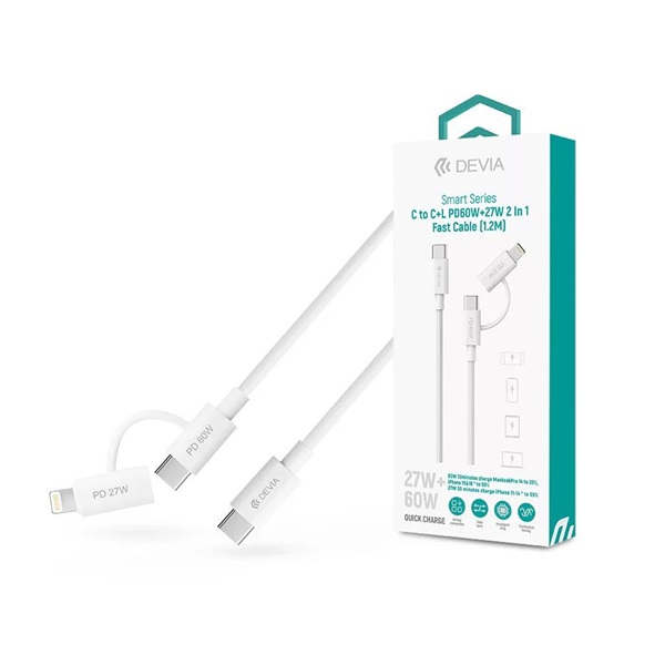 Devia ST121485 Smart Series 1,2m 60W+27W PD Type-C/Type-C+Lightning fehér adat és töltőkábel