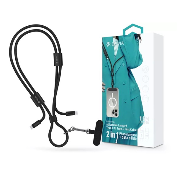 Devia ST124950 Cable Pro5 Woven 1,6m 60W PD Type-C - Type-C fekete adat- és töltőkábel + nyakpánt