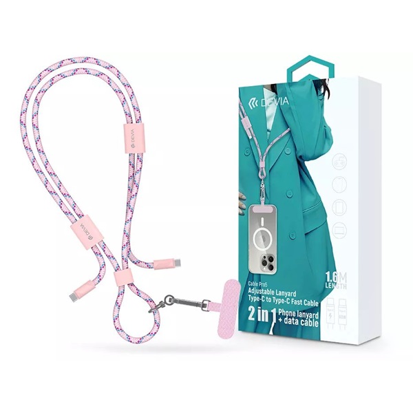 Devia ST124967 Cable Pro5 Woven 1,6m 60W PD Type-C - Type-C pink adat- és töltőkábel + nyakpánt