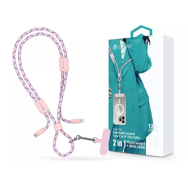 Devia ST124998 Cable Pro5 Woven 1,6m 27W PD Type-C - Lightning pink adat- és töltőkábel + nyakpánt