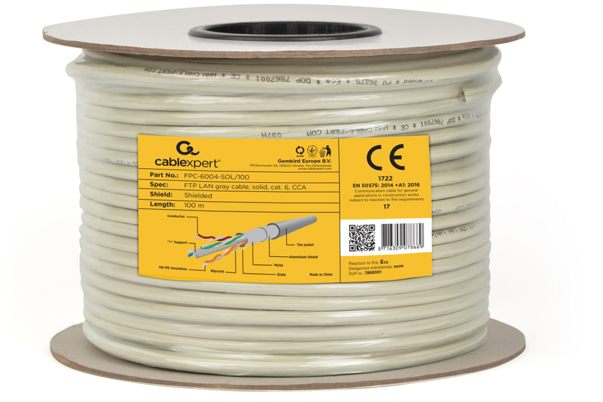 Gembird CAT6 FTP fali kábel, tömör erű, 100 m, szürke