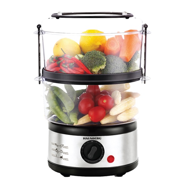 Hausberg HB-1350 400W rozsdamentes acélházas, 2 szintes 4,8L, gőzölési funkcióval, rizsfőzővel, ételfőző gép