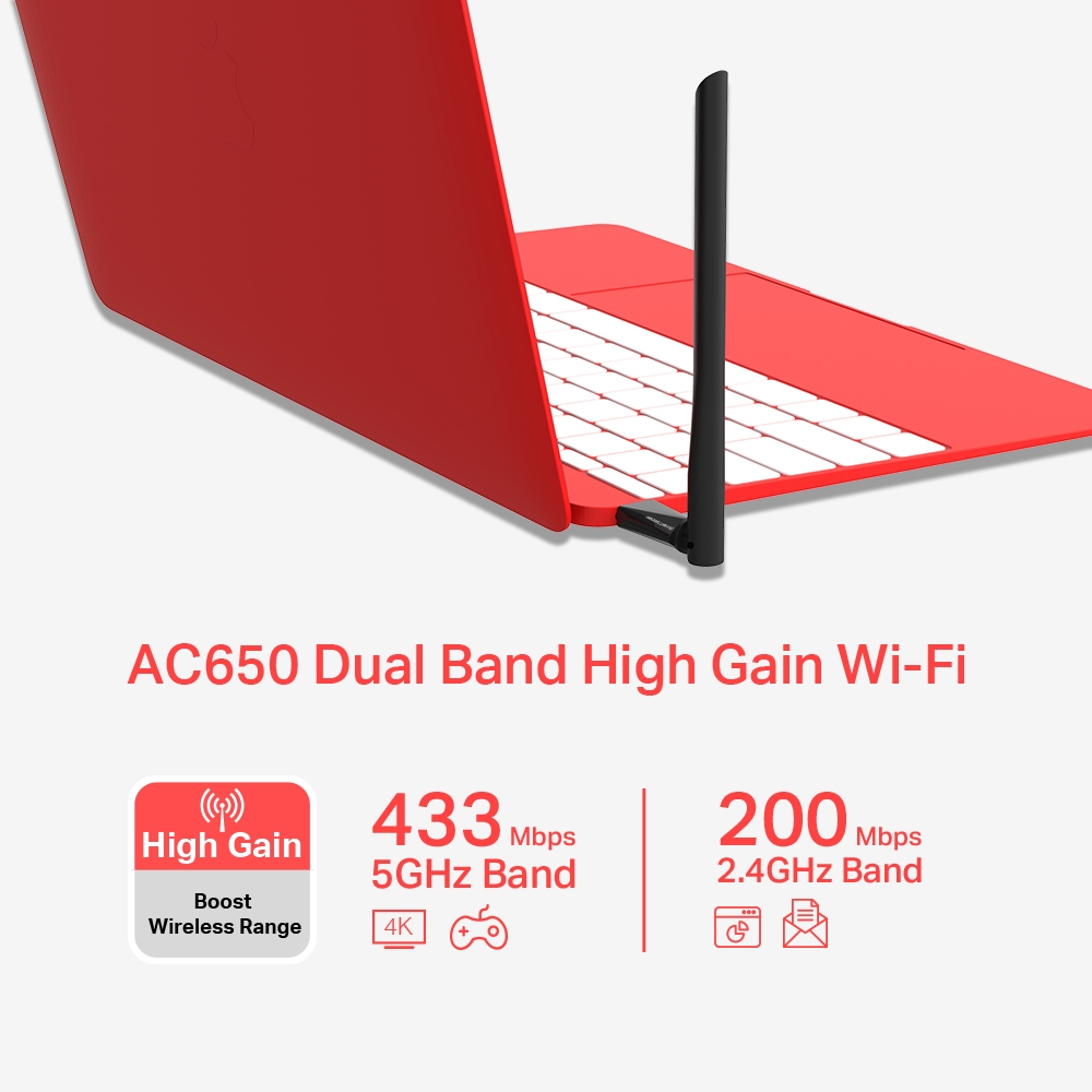 Mercusys MU6H AC650 dual band USB WiFi adapter, 5 dBi antennával